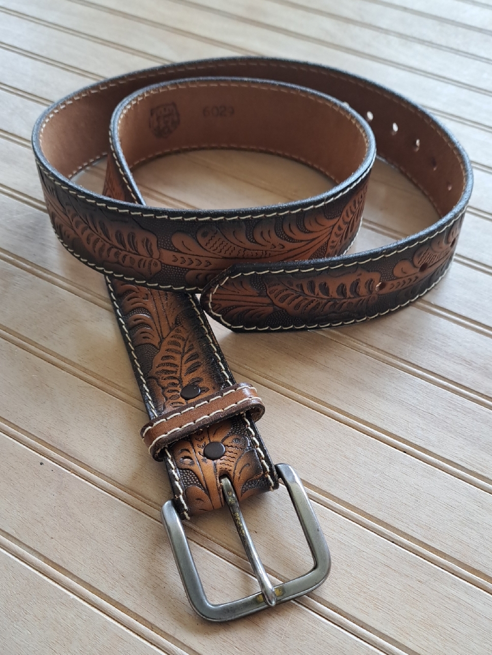 Vintage Western Tooled Top Grain Cowhide Leather Belt Brown Embossed Floral USA
